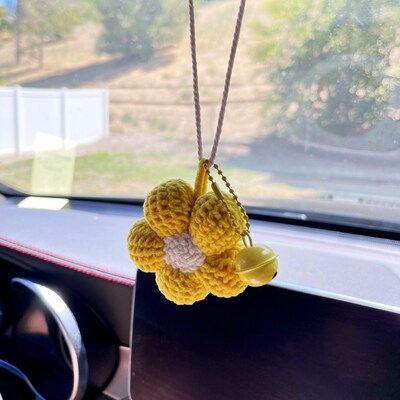 Crochet flower car accessories with bell, amigurumi flower car hanging, Knitted Flower for Interior car accessories, car decor or bag charm - image5